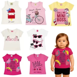 Kit com 10 Camisetas Infantil Feminina Tamanho 1 Ano