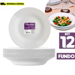 Kit 12 Pratos Opaline Menu Fundo 23cm Nadir prato jantar Almoço Vidro branco Brilhante Duralex