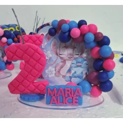 Vela Cenário Personalizada Stitch e Angel em Biscuit – Topo de Bolo Aniversário com Nome