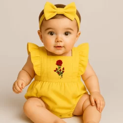 Roupa Menina Festa Bela e a Fera Body Jardineira Com Laço Acabamento Perfeito