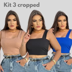 Kit 3 Cropped Alça Grossa Decote Quadrado Canelado Varias Cores