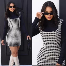 Vestido Curto Xadrez Tweed Look Inverno Lã Lanzinha Vestido Social