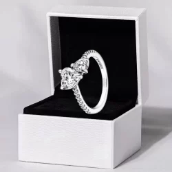 [Entrega 24 Horas]Anel Feminina De Coração Duplo Brilhante Com Coroa De Prata S925