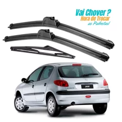 Kit 3 Palhetas Limpador De Parabrisa Dianteiro + traseiro Peugeot 206 207 2001 2002 2003 2004 A 2014