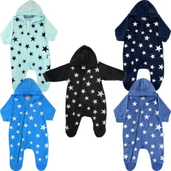 Macacão Bebê Plush Luxo Estampado Capuz Estrelas Zíper