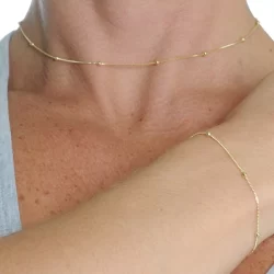 Conjunto Colar Chocker  e Pulseira Feminino Bolinha Banhado a Ouro 18k