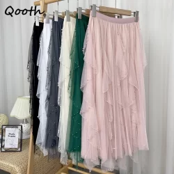 Qooth Mulheres Com Contas Petal Comprimento Médio Rufos Saias Pregueadas Elegante Cintura Alta Fada Linha QT1682