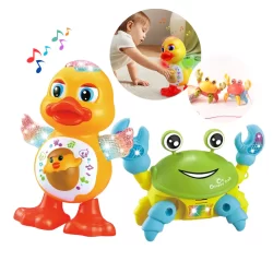 Kit Caranguejo Fujão e Patinho Dançarino Brinquedo Musical Dança Anda Mexe com Luz E Som