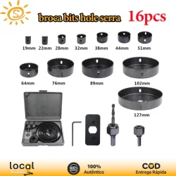 Jogo Kit Serra Copo 16 Peças 19 a 127mm para Madeira, Gesso e PVC + Estojo Profissional