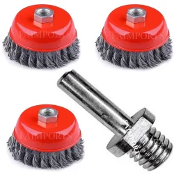 Jogo 3 Escovas De Aço Torcido Rotativa Furadeira Parafusadeira 75mm Adaptador M14 Aço