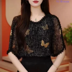 Blusa De Chiffon Borboleta Plus Size Feminina Verão Estilo Coreano Camisa Estampada