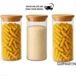 Kit 3 Potes de Vidro 1200ml Tampa de Bambu Hermetico Premium Redondo Mantimentos Tempero Alimentos