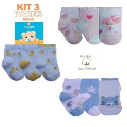 Kit 3 Pares Meias Maternidade Recém Nascido Algodão
