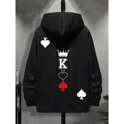 Blusa Moletom Canguru Com Estampa de Carta De Baralho  K Rei de Copas Casaco de Frio Flanelado Streetwear