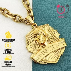 Colar MODA de Corrente Masculino com Pingente Jesus Cristo 4D Cravejado Banhado a Ouro 18K