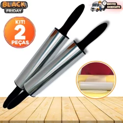 Kit 2 Rolos de Massa 37cm Para Pizza, Pão, Macarrão, Pau de Macarrão De Inox Leve, Resistente e Premium
