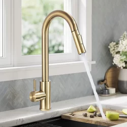 Torneira Cozinha Bancada Gourmet Extensível Misturador Inox Cor Ouro escovado Flexível Misturador