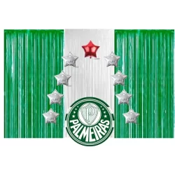 Kit FESTA PALMEIRAS Cortinas Metalizadas + Balões Estrelas 9"