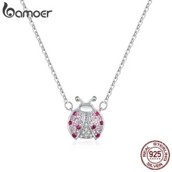 Bamoer 925 Sterling Silver Rosa CZ Joaninha Inseto Cadeia Colar De Pingente Para As Mulheres 45 Centímetros Presentes Miúdo Jóias Finas SCN400