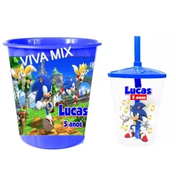 10 Copos Twister + 10 Baldes de Pipoca Kit Festa Personalizado Sonic