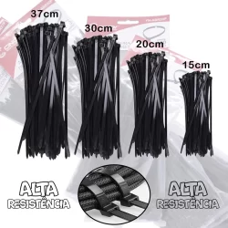 Abraçadeira de Nylon Pacote com 100 unidades Cinoy Preta Resistente Vários Tamanhos