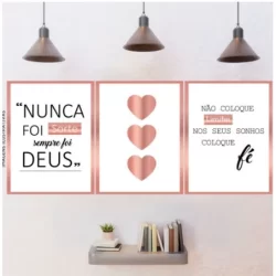 Kit Quadros Decorativos Nunca Foi Sorte Sempre Foi Deus Não Coloque Limites nos Seus Sonhos Coloque Fé Rose Sala quarto