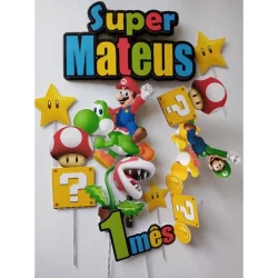 Topo de Bolo Super Mario mais 20 topper para doces de brinde.