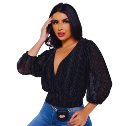 Cropped Lurex Tule Transpassado Manga Bufante Transparente Brilho Festa Moda Blogueirinha