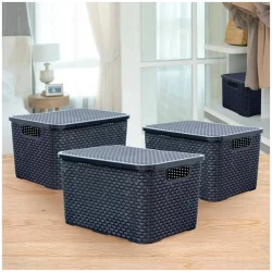 Kit 2 Caixas Organizadora Rattan Com Tampa 15 Litros Preto
