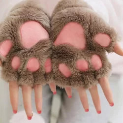 Um Par De Luvas Femininas De Pelúcia Com Garra De Urso Macio E Meio Dedo Luvas De Pata De Gato