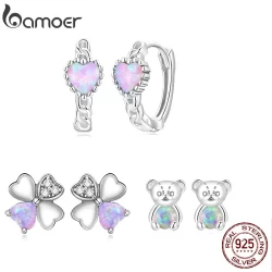 Brincos Bamoer 925 Prata Rosa Opala Urso Colorido Amor Quatro Folhas Orelha Para Meninas