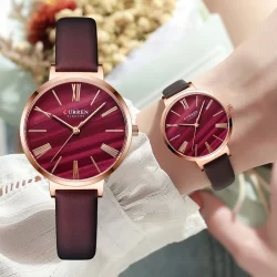 CURREN Relógio De Pulso Feminino De Quartzo À Prova D'água Com Pulseira De Couro Vermelho Casual CR76LX