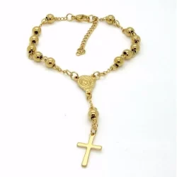 Pulseira Terço Com Crucifixo Aço Inox Banhado a Ouro Ref:353