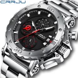Relógio Masculino CRRJU Marca Original Ponteiro Luminoso Multifuncional Sólido Aço Inoxidável Moda Luxo Lazer Negócios E
