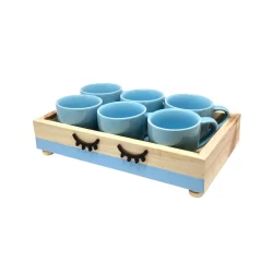 Jogo 6 Xicara Café Porcelana com Bandeja Azul Lar e Decoração