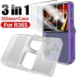 Vidro + capa para console de jogos r36s, protetor de tela de vidro temperado, filmes antiarranhões e capa transparente de silicone macio para r36s
