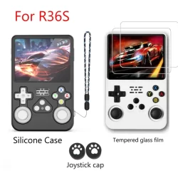 Capa de silicone macio + filmes de vidro temperado para console de jogos r36s, capa de armazenamento antiarranhões para acessórios r36s
