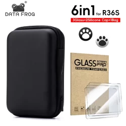 DATA FROG 6 EM 1 Vidro + Bolsa para R36S Bolsa de armazenamento para console de jogos e protetores de tela Filme de vidro temperado para acessórios de jogos