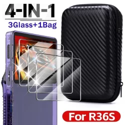 Estojo 4 em 1 + vidro para console de jogos r36s, bolsa de armazenamento para viagem e protetores de tela, filme de vidro temperado para acessórios r36s