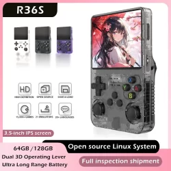 Console de videogame portátil retrô r36s, 128g, código aberto, tela ips de 3.5 polegadas, portátil, bolso, 64gb, jogos para crianças, presentes