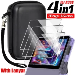 Estojo 4 em 1 + vidro para console de jogos r36s, bolsa de armazenamento para viagem com cordão, filmes protetores de tela de vidro temperado para r36s