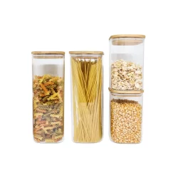 Kit 4 Potes De Vidro Mantimentos Quad 1900/1100ml C/tampa Bambu - Oikos