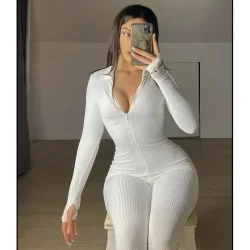 Macacão Canelado Branco  Manga Longa Com Ziper  Moda Gringa
