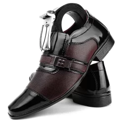 Sapato Social Masculino Preto Com Vinho Envernizado Modelo Italiano 105 + Cinto Social Dupla Face