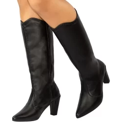 Bota Feminina Lumiss Cano Longo Salto Alto Fino Confortável Saltinho Bico Fino Montaria Blogueira Abaixo do Joelho