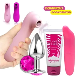 KIT SEX SHOP Vibrador Feminino Massageador + Sugador de Clitóris + Plug Anal + Lubrificante Intimo