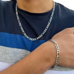 Conjunto Colar Corrente Figaro Italiana 6mm 60 e 70cm + Pulseira Prata