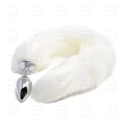 Plug anal Cauda de Pelúcia Branco Em Aço Inoxidável Iniciante