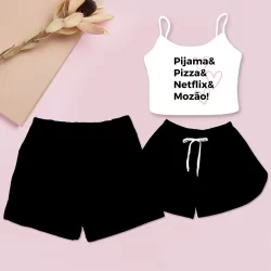Kit Pijama Casal Preto Cropped Netflix Shorts Samba Canção Masculino Preto