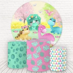 Painel Redondo e Capas Tecido Sublimado 3D Dino Baby Rosa WKPC-603